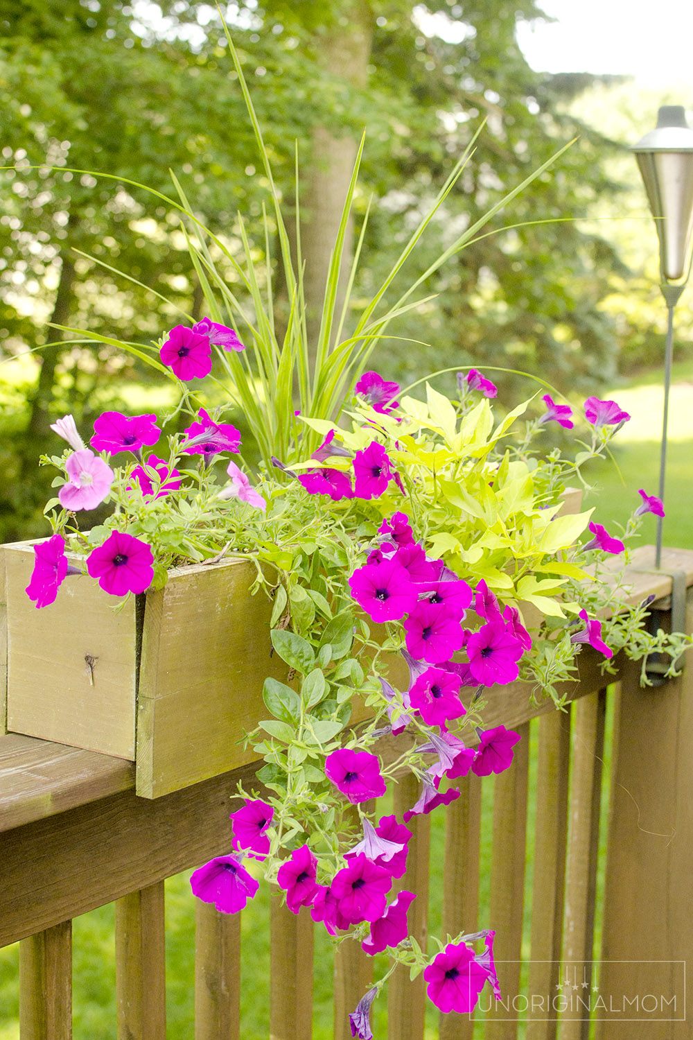Deck window box planter with spilling flowers - what a beautiful pop of color for this small deck! | small deck decorating ideas