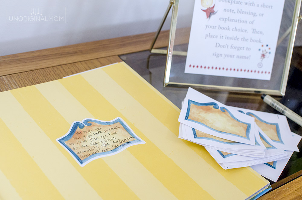 "Build a Library" baby shower idea with custom print and cut book plate labels