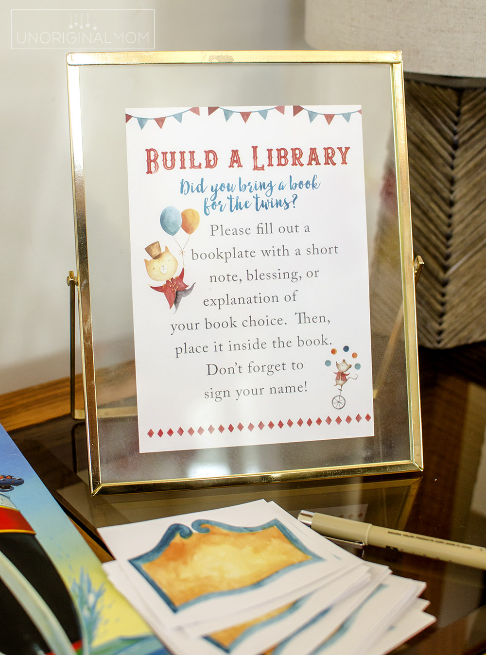 "Build a Library" baby shower idea with custom print and cut book plate labels