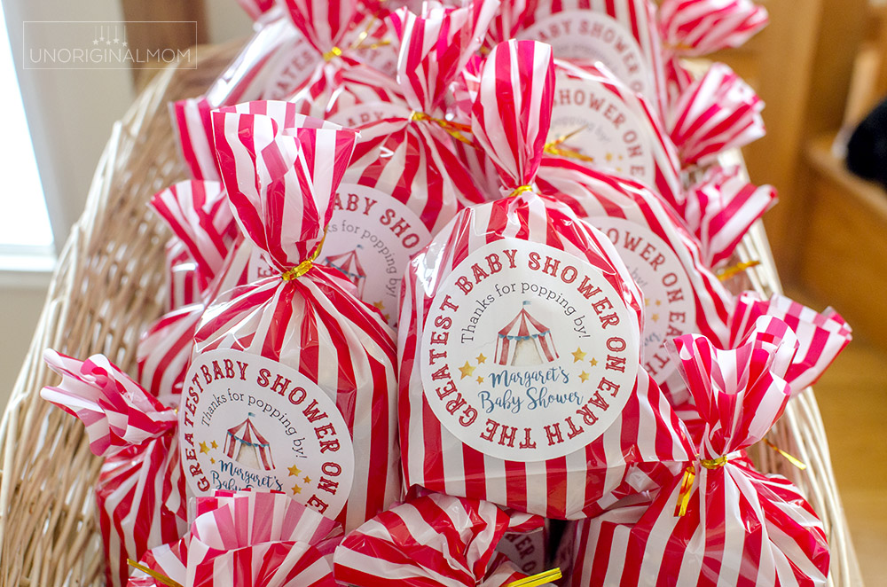 Popcorn favor bags for a Circus themed Baby Shower