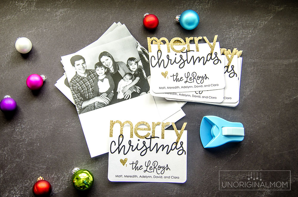 Use your Silhouette to print-and-cut a simple overlay to add to your family photo Christmas cards! Here's a full tutorial. #silhouettechristmascards #printandcut