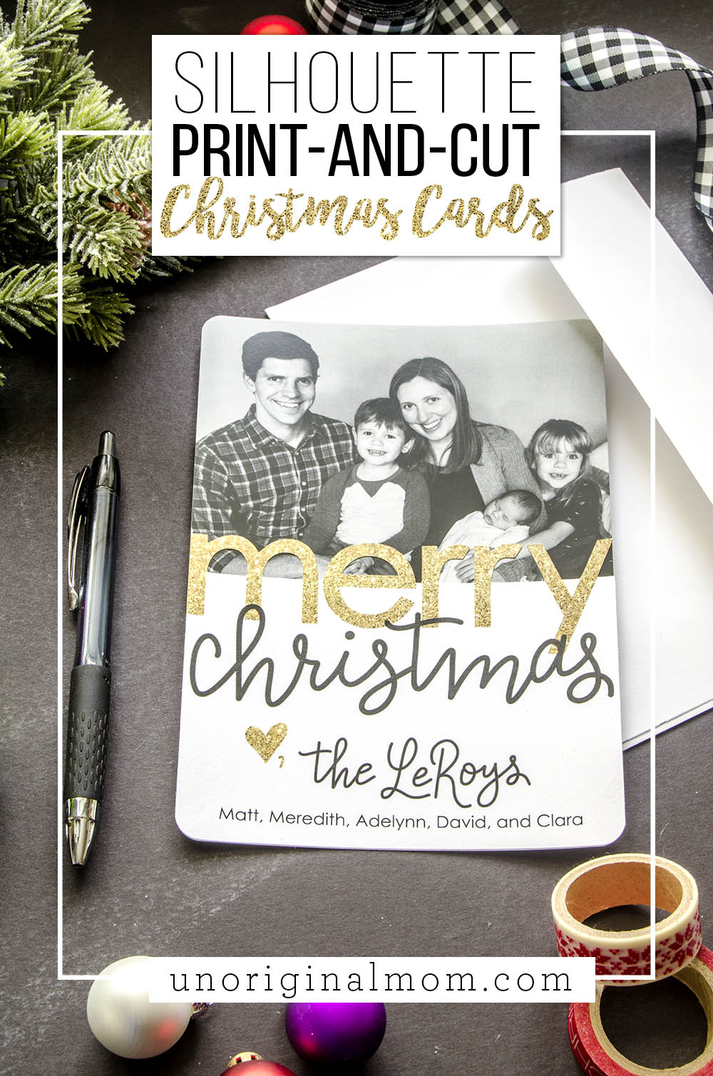 Use your Silhouette to print-and-cut a simple overlay to add to your family photo Christmas cards! Here's a full tutorial. #silhouettechristmascards #printandcut