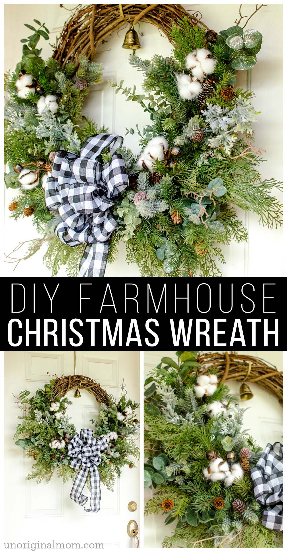 DIY Farmhouse Christmas Wreath - use a mix of evergreen faux florals with eucalyptus, cotton, and twigs to make a beautiful natural farmhouse christmas wreath!