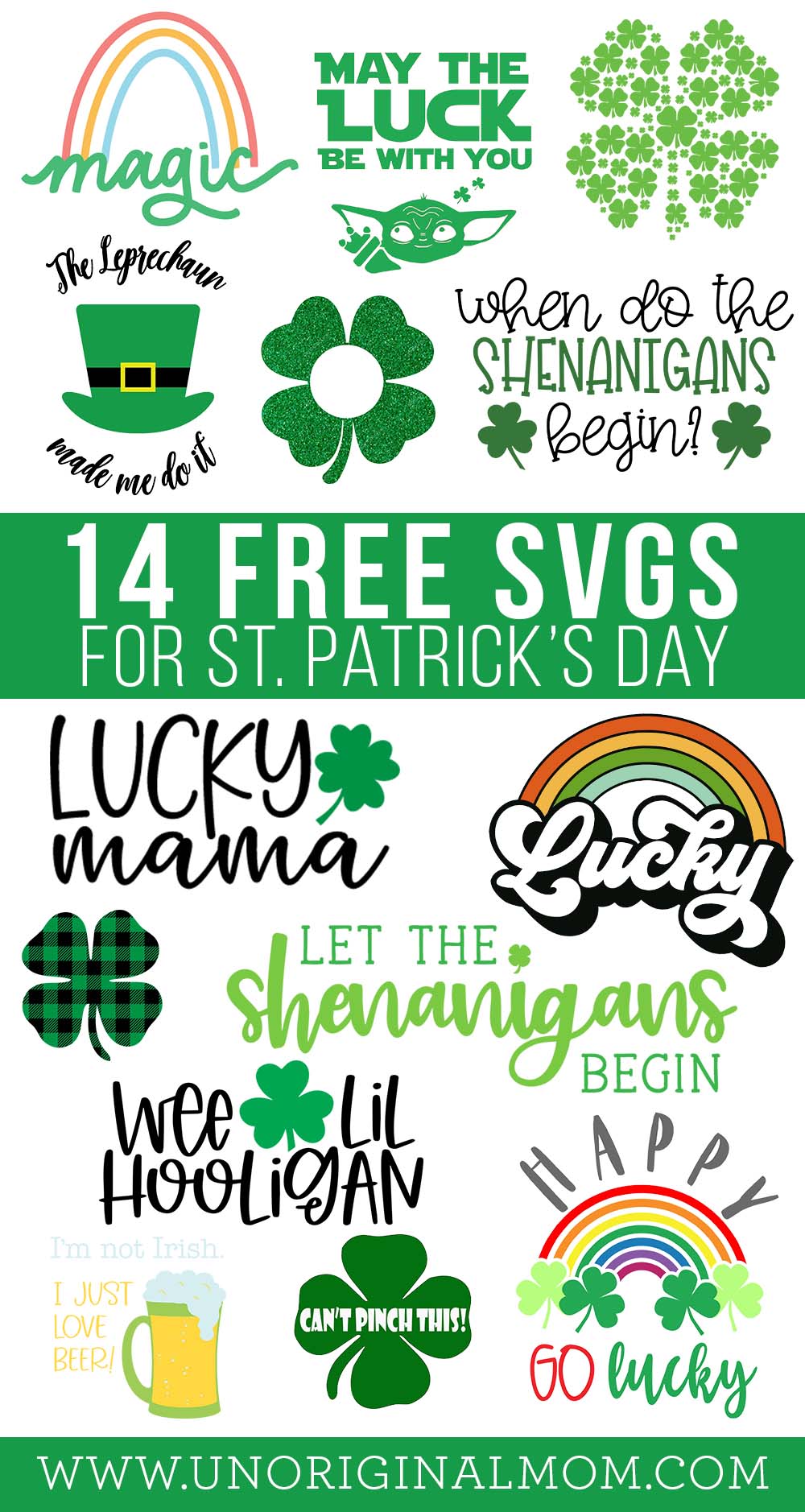 14 different FREE St. Patrick's Day SVGs! Use with your Silhouette or Cricut to make tees, totes, signs, tumblers, and more!