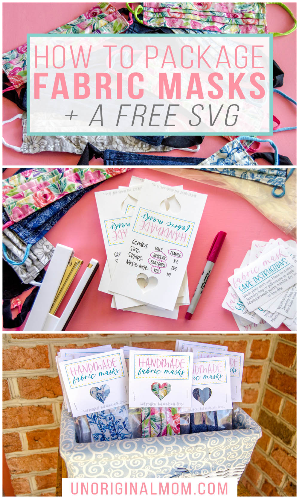How to package fabric masks to sell or gift, plus a free print-and-cut SVG to use with your Silhouette or Cricut! #fabricmasks