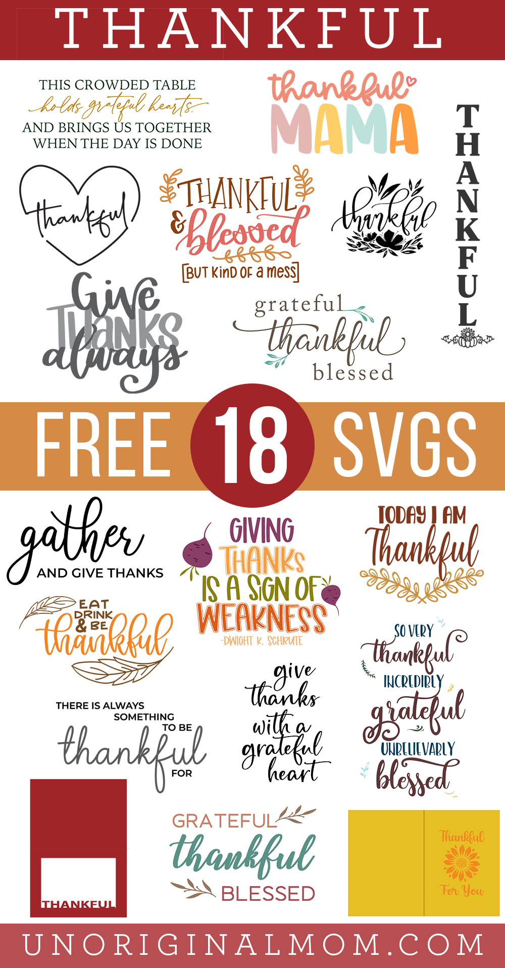 A collection of free thankful SVGs for Thanksgiving, including this "Thankful & Blessed but kind of a mess" SVG for Silhouette and Cricut