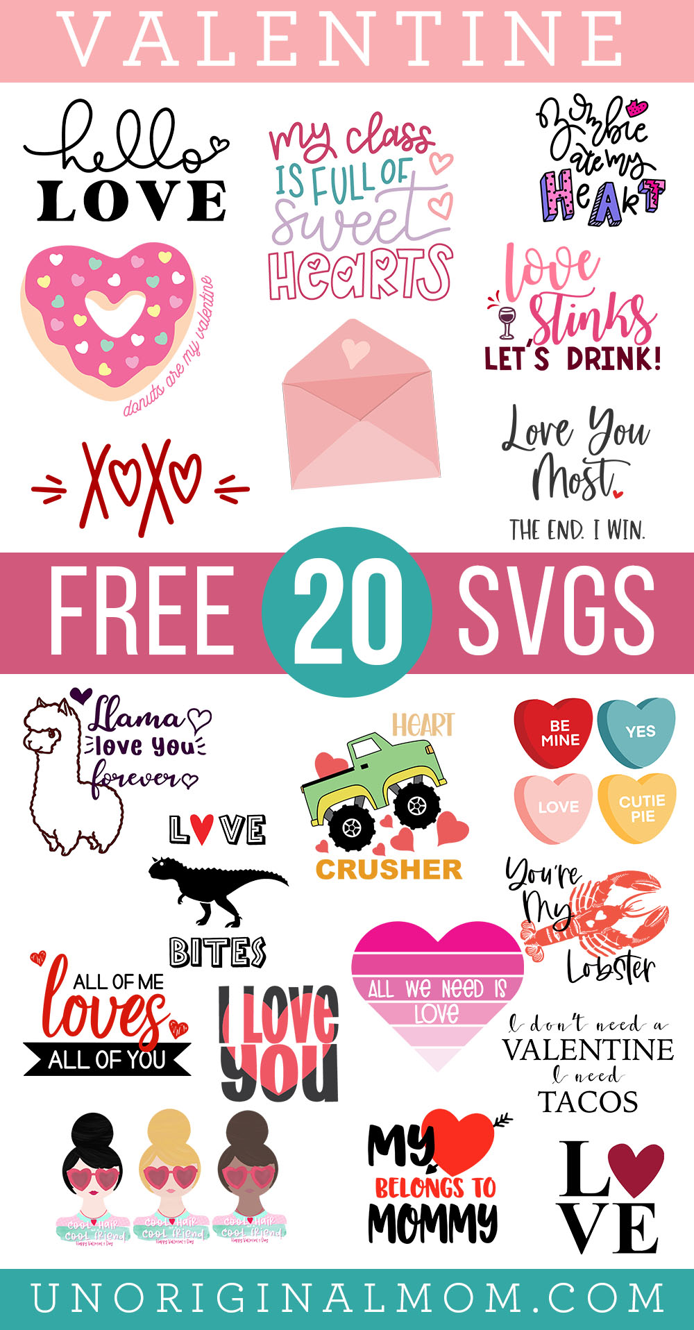 20 adorable free Valentine SVGs for Silhouette and Cricut! Great for making DIY Valentine's Day shirts.