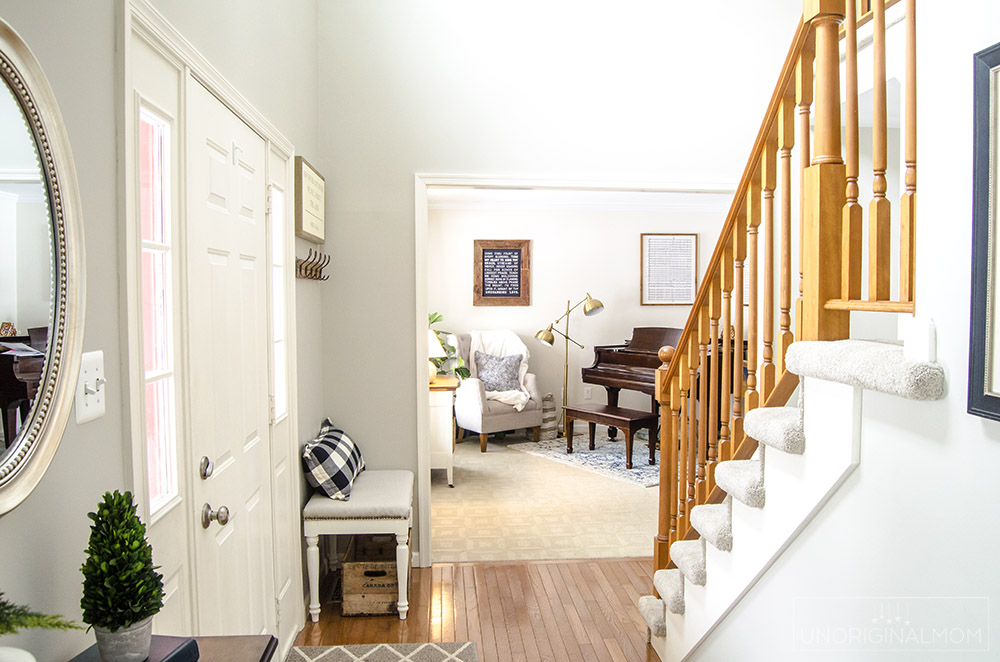 2 story foyer with bench and music room