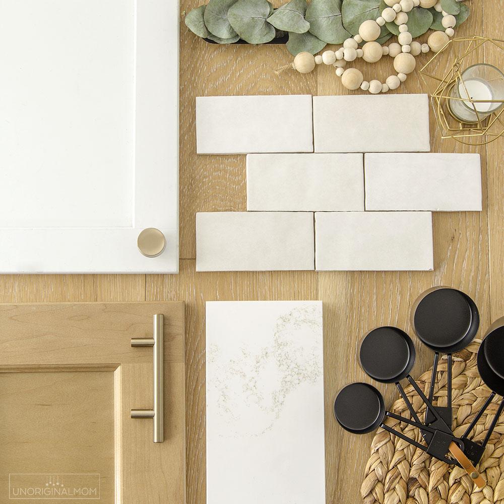 kitchen flatlay - Classic white and light wood kitchen design with gold accents