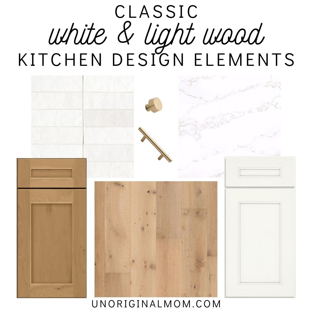 classic white and light wood kitchen design elements - cabinets, hardwood floors, quartz counters, backsplash, and hardware