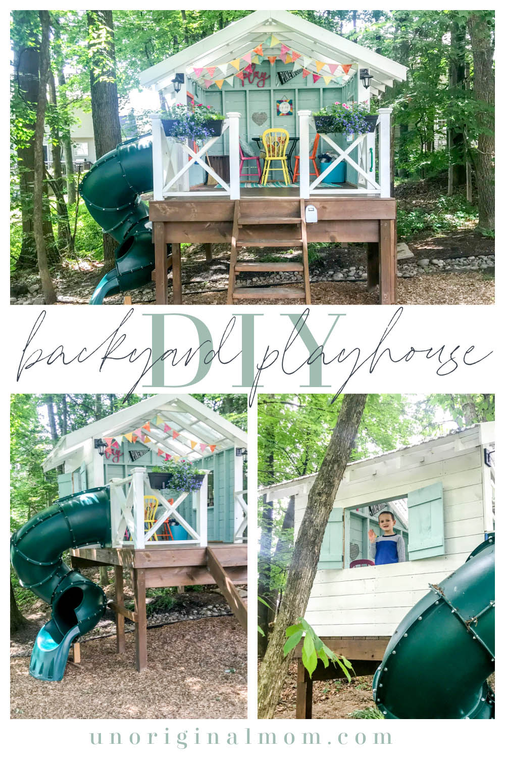 DIY Backyard Playhouse with Slide - this version of the Handmade Hideaway is a perfect raised playhouse for a sloped or wooded backyard! 