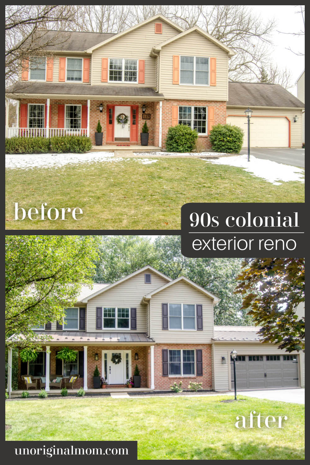 90s colonial exterior renovation before and after - garage extension with standing seam steel roof accents