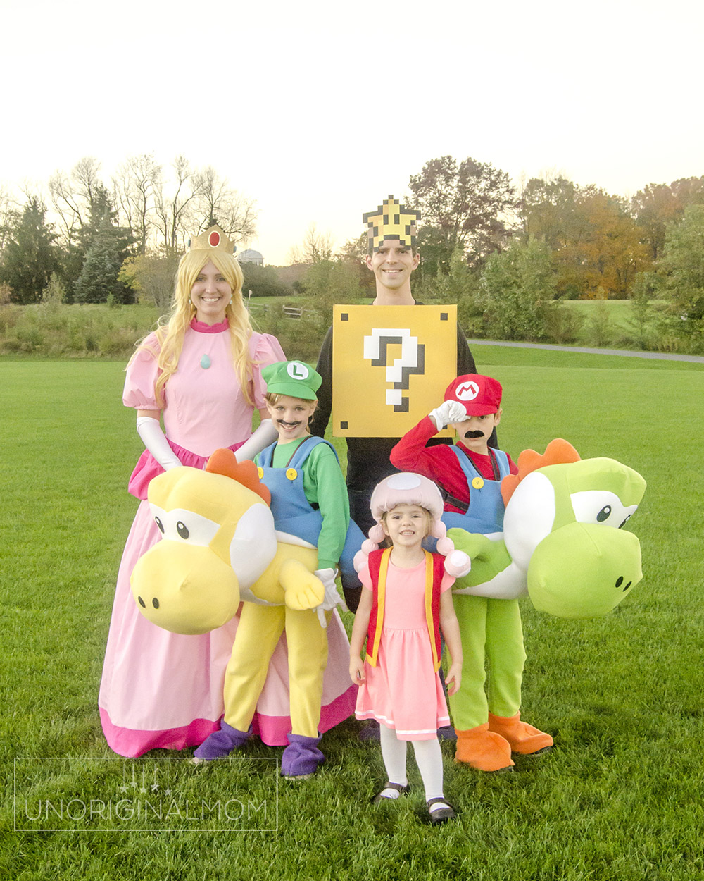 DIY Family Mario Halloween Costumes - Mario riding yoshi, toadette, princess peach, and a question mark block!