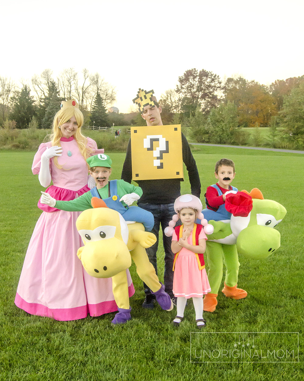 DIY Family Mario Halloween Costumes - Mario riding yoshi, toadette, princess peach, and a question mark block!