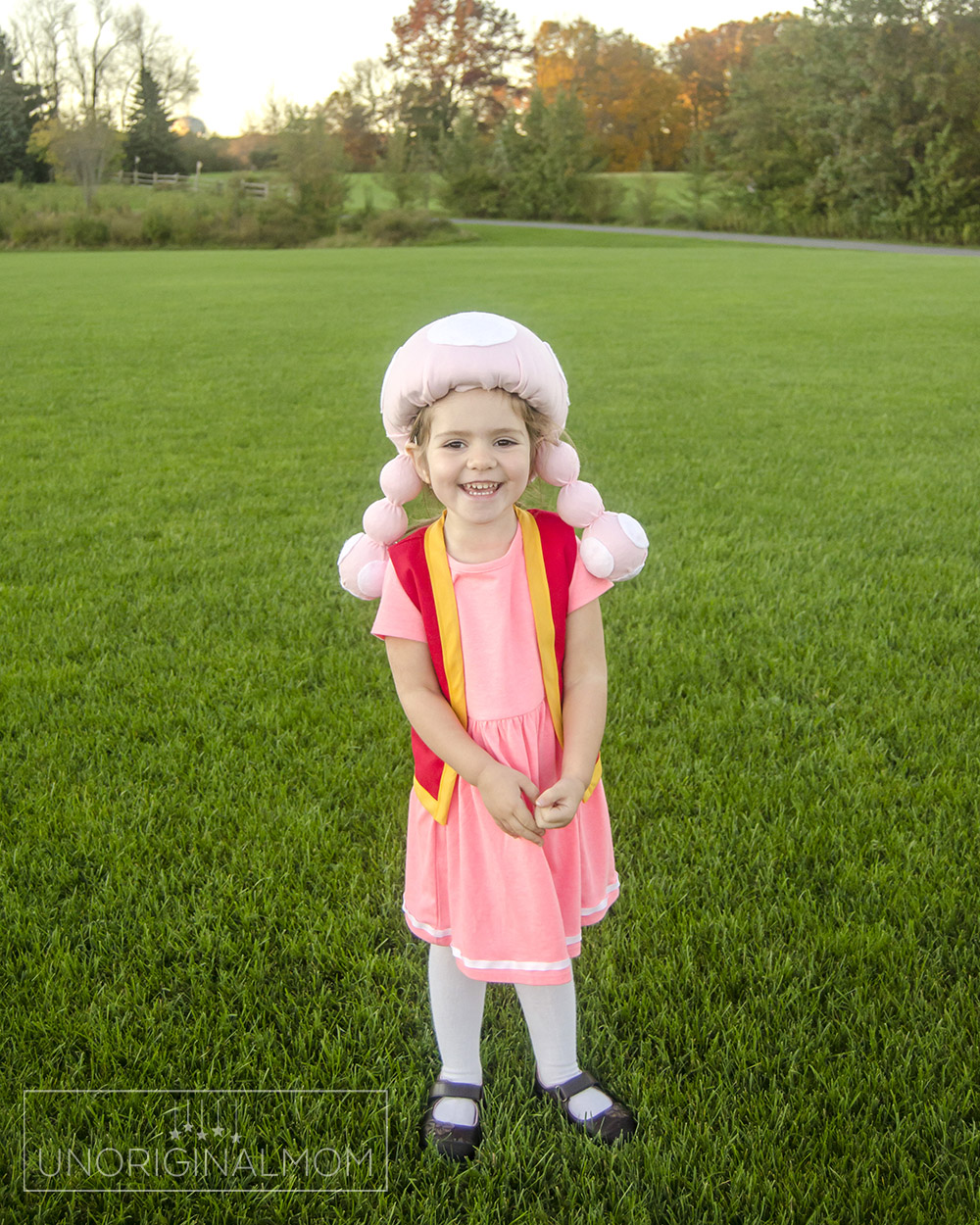 DIY toadette halloween costume, with a toadette hat made out of a bike helmet!