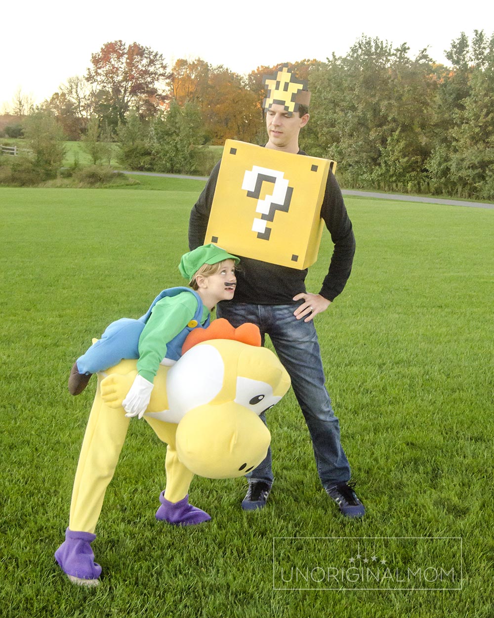 DIY family mario halloween costumes - question block and luigi